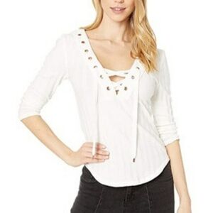 Free People Ice Cold Ribbed Top Gold Grommet Lace-Up Fitted 3/4 Sleeve SZ XS